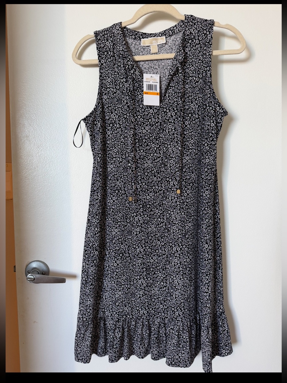 Michael Kors Black Floral Tie-Neck Mini Dress